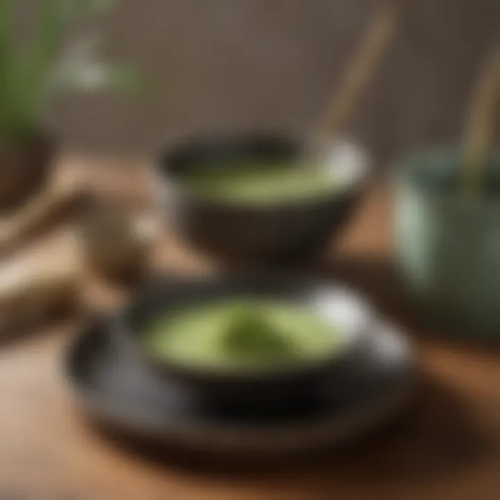 Traditional matcha tea ceremony setting with bamboo whisk