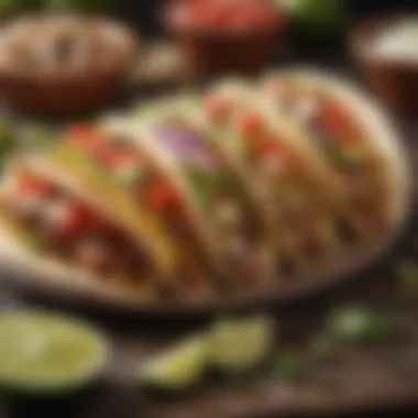 A close-up of tacos filled with various ingredients and garnished with lime