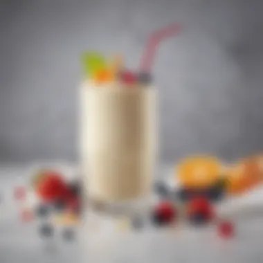 Deliciously Garnished Milk-Based Smoothie A creamy milk-based smoothie adorned with garnishes and diverse toppings