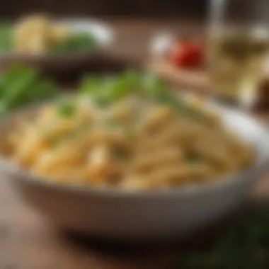 Creamy Pasta Indulgence A comforting bowl of creamy pasta topped with fresh herbs and grated cheese.