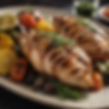 A succulent grilled chicken breast garnished with herbs and accompanied by roasted vegetables.