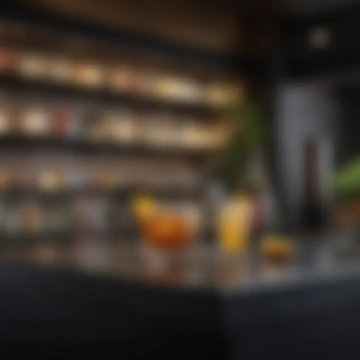 A stylish bar setup featuring non-alcoholic beverages and garnishes