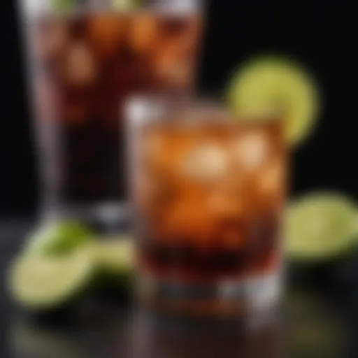 A vibrant non-alcoholic rum and Coke cocktail garnished with a slice of lime