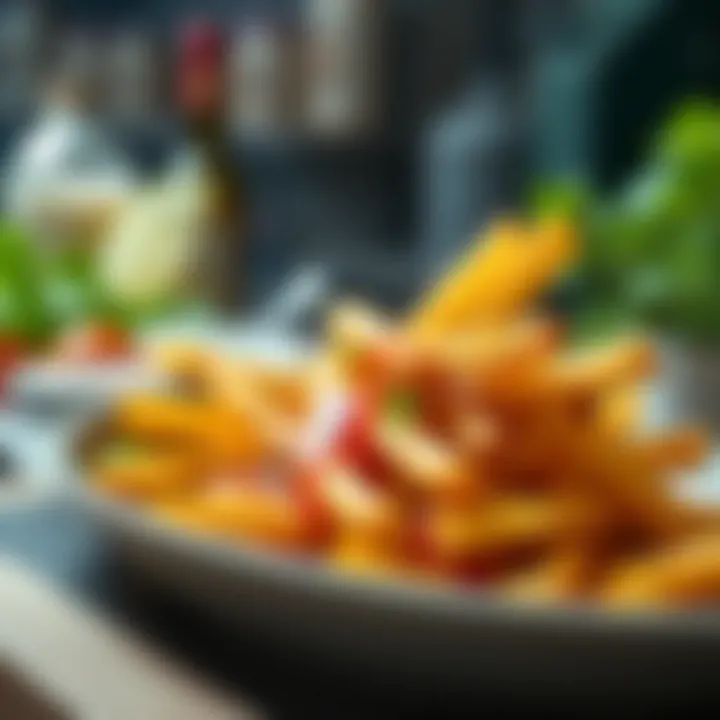 An aesthetically arranged plate of French fries garnished with herbs