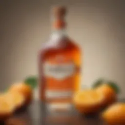 A close-up of a bottle of Orange Cointreau surrounded by fresh oranges and zest.