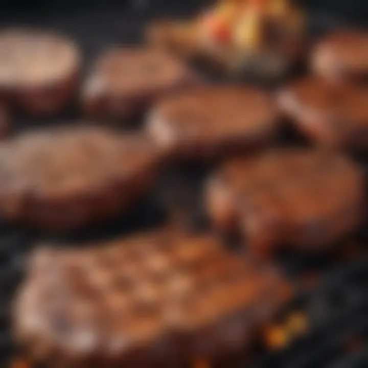 A close-up of beautifully grilled meats glistening on a charcoal grill