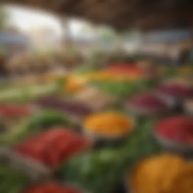 A colorful farmer's market display with fresh produce and herbs.