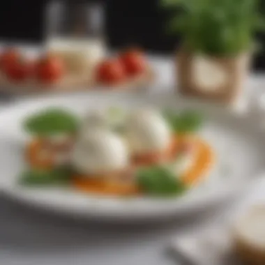 A plate of gourmet dishes highlighting plant-based mozzarella cheese.