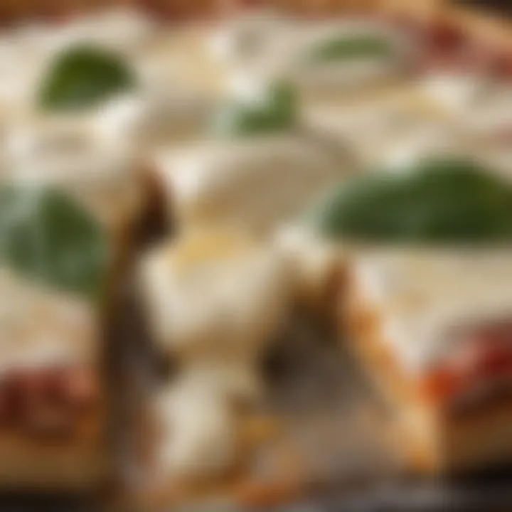 Close-up of plant-based mozzarella cheese melting on a pizza.