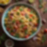 A vibrant bowl of pasta salad with fresh vegetables and herbs