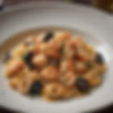 A sophisticated pasta dish adorned with seafood and a drizzle of olive oil