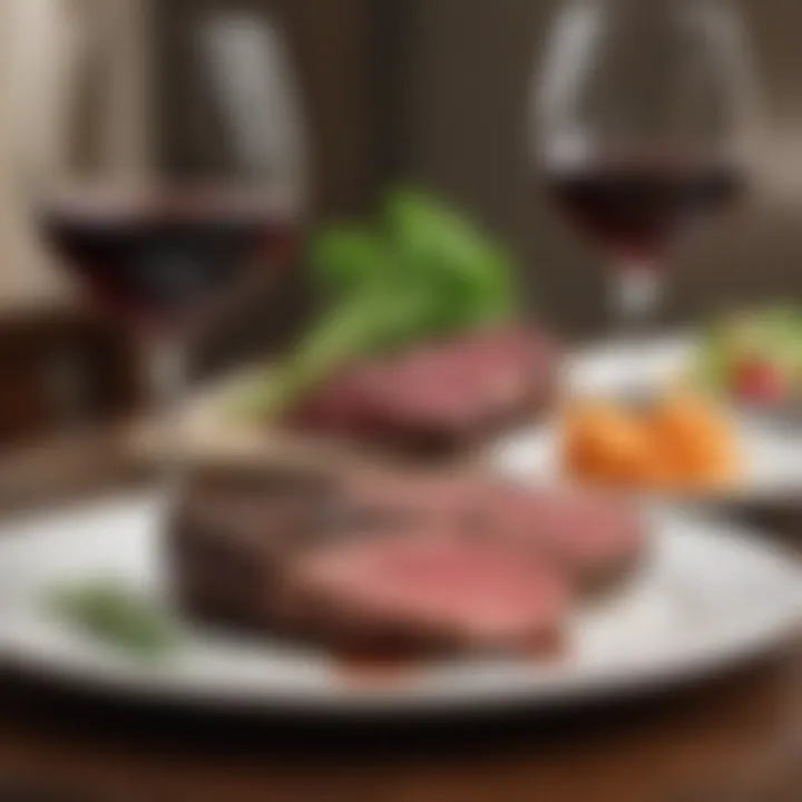 Variety of wines paired with wagyu steak on a dining table