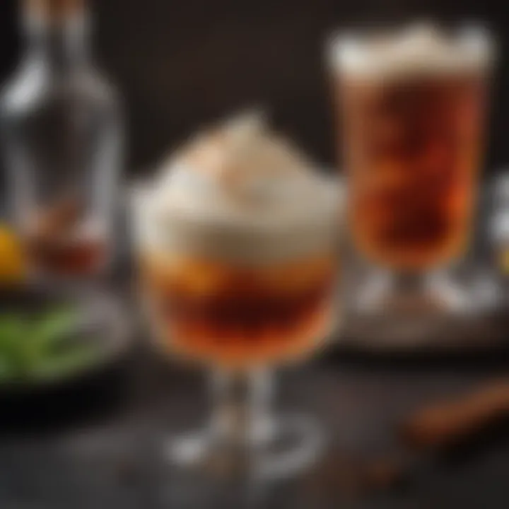 A beautifully crafted cocktail glass filled with a rich hot rum drink topped with whipped cream