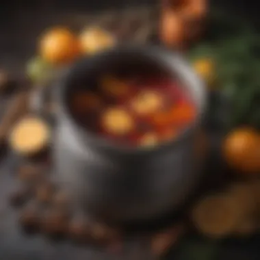 A steaming pot of mulled rum with aromatic spices and fruits