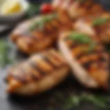 Juicy grilled chicken fillets garnished with fresh herbs