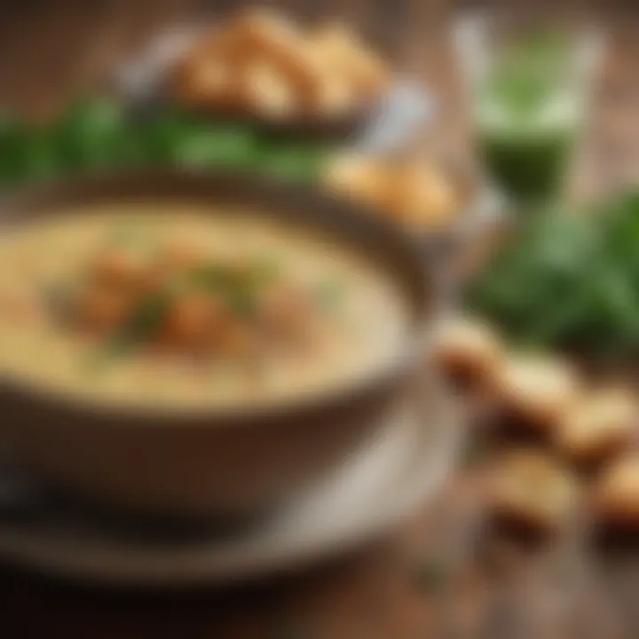 A creamy lentil soup garnished with croutons and parsley.