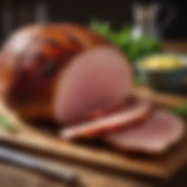 A beautifully glazed smoked ham on a wooden board