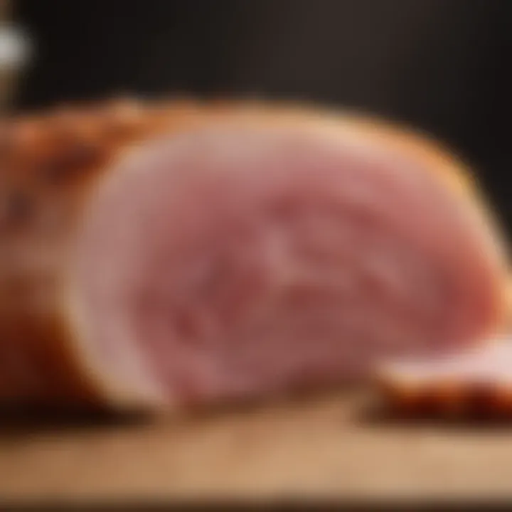 A close-up of a delicious smoked ham slice showcasing its texture