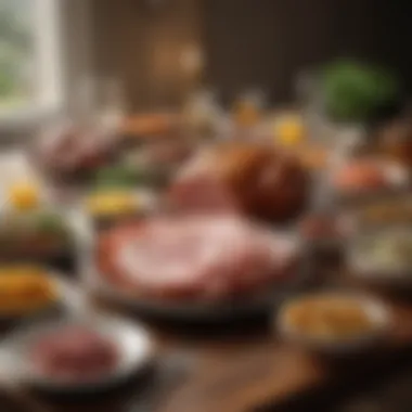 A vibrant table set with various side dishes complementing smoked ham