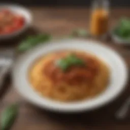 A plate of rich Bolognese spaghetti topped with fresh basil.