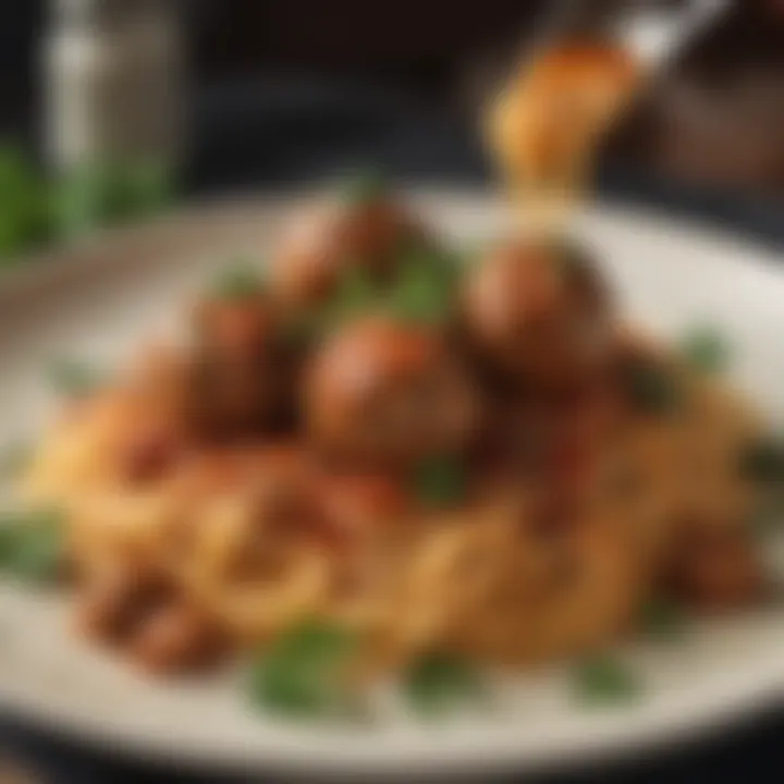 Spaghetti garnished with a variety of meatballs and herbs.