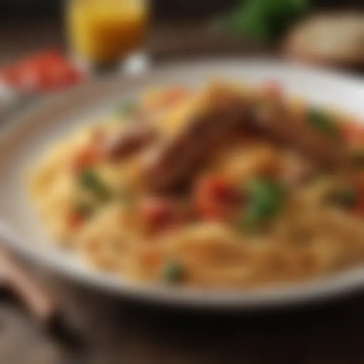 A vibrant dish of spaghetti with sautéed sausage and colorful vegetables.