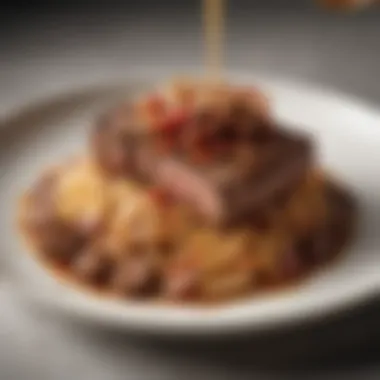 A fusion plate of spaghetti topped with tender steak slices and a drizzle of sauce.