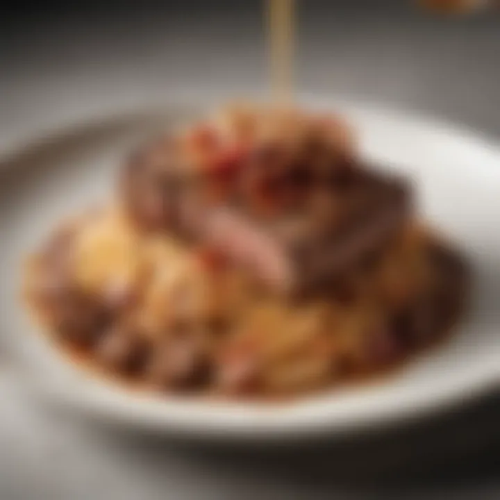 A fusion plate of spaghetti topped with tender steak slices and a drizzle of sauce.