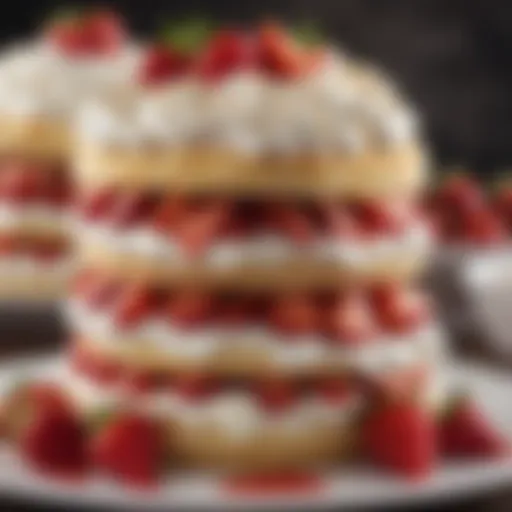 A close-up of a beautifully layered strawberry shortcake dessert showcasing fresh strawberries and whipped cream.