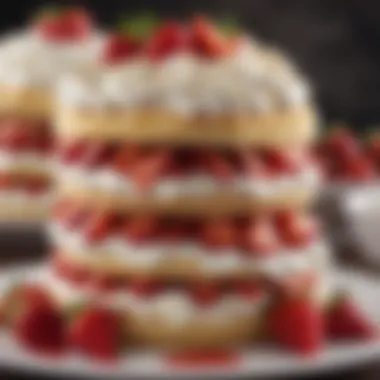 Layered Strawberry Shortcake Delight A close-up of a beautifully layered strawberry shortcake dessert showcasing fresh strawberries and whipped cream.