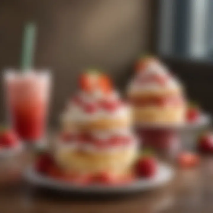 A pair of strawberry shortcake slices thoughtfully arranged beside a refreshing beverage, highlighting the perfect pairing.