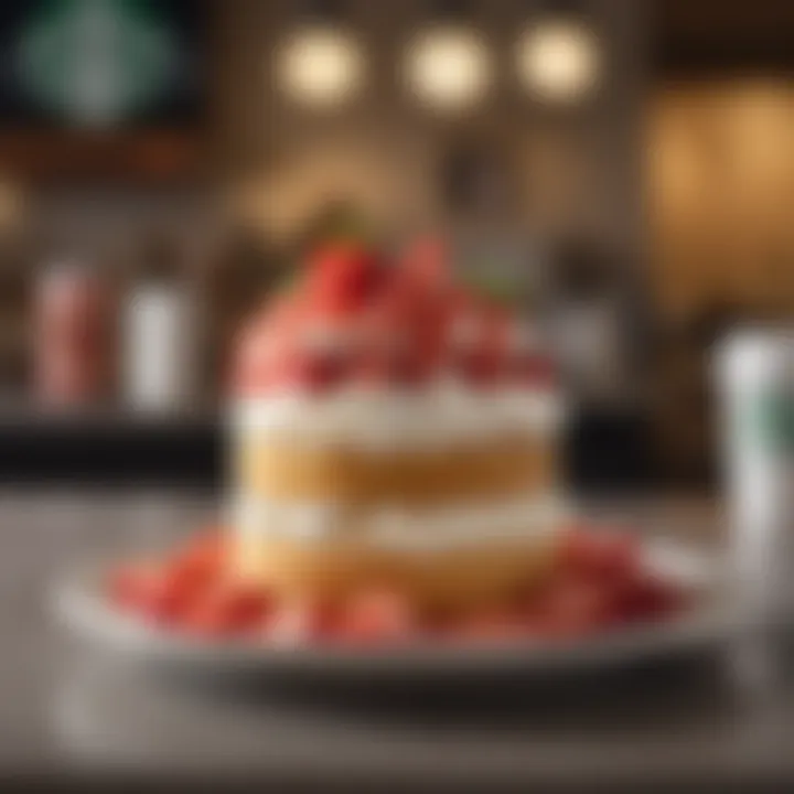 A seasonal display of strawberry shortcake in a Starbucks setting, inviting customers to indulge.