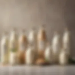 A selection of various plant-based milk alternatives in elegant glass bottles.