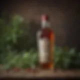 A vintage bottle of sweet vermouth surrounded by herbs and botanicals