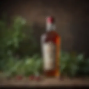 A vintage bottle of sweet vermouth surrounded by herbs and botanicals
