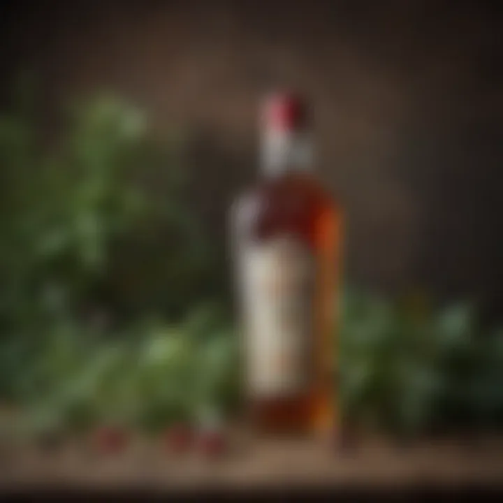 A vintage bottle of sweet vermouth surrounded by herbs and botanicals