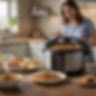 A person enjoying a delicious meal prepared with the ten-quart electric pressure cooker, emphasizing satisfaction.