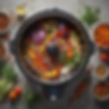 An assortment of vibrant vegetables and spices arranged around a ten-quart electric pressure cooker.