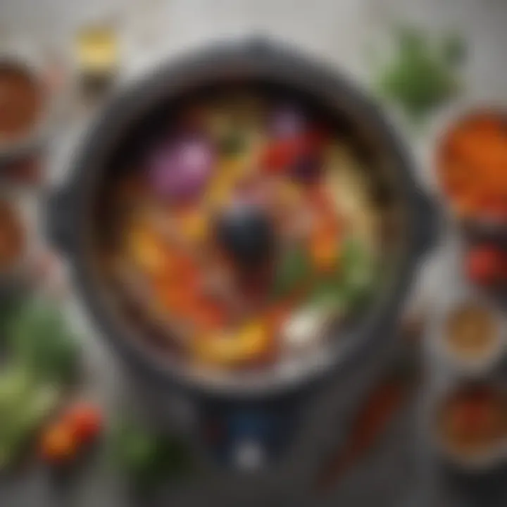 An assortment of vibrant vegetables and spices arranged around a ten-quart electric pressure cooker.