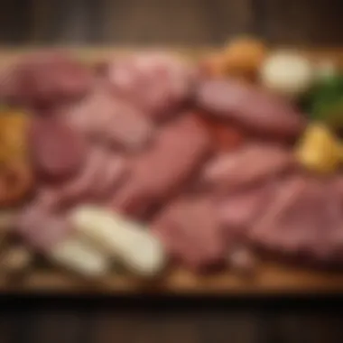 Diverse Regional Meat Selection A selection of regional meats displayed on a rustic wooden platter, highlighting diverse culinary traditions.