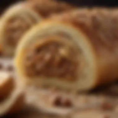 A close-up view of the filling of a Polish nut roll, highlighting the nuts and spices used in the traditional recipe.