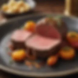 A beautifully plated beef dish showcasing different cuts