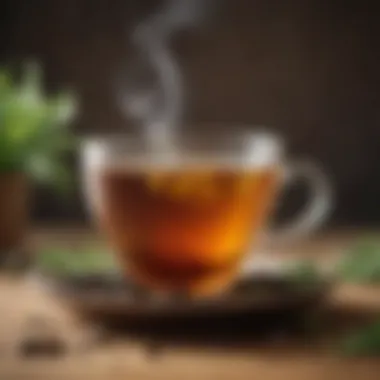 A steaming cup of detox tea placed on a wooden table surrounded by herbs.