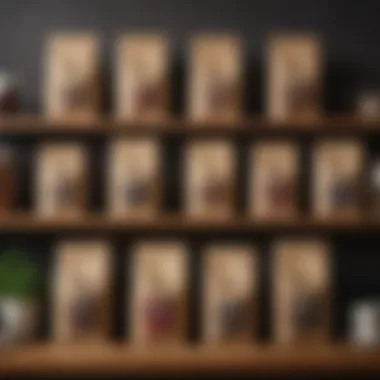 Gourmet Coffee Selection A selection of gourmet coffee bags displayed on a wooden shelf
