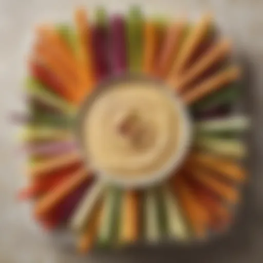 Colorful array of vegetable sticks with a homemade hummus dip