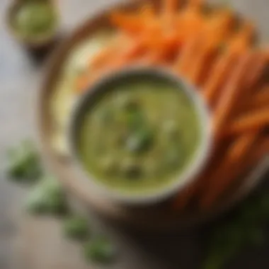 Spicy salsa verde in a bowl accompanied by crunchy carrots and celery