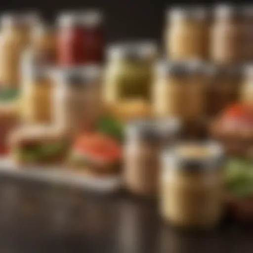 A colorful array of various sandwich spreads in jars, showcasing diverse flavors