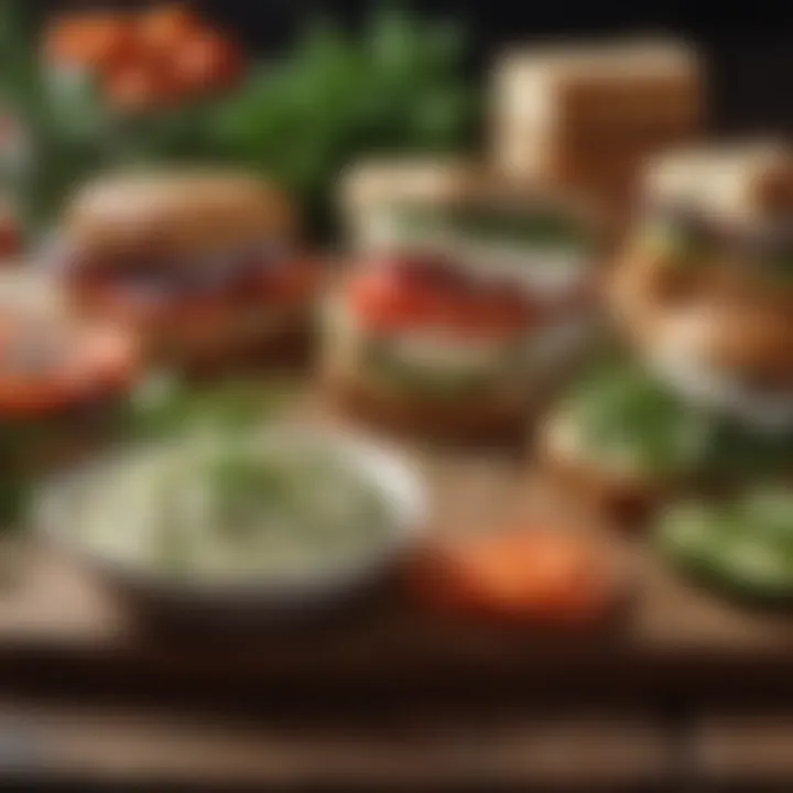An elegant display of sandwich spreads accompanied by fresh herbs and bread