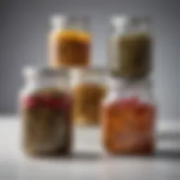 A vibrant display of various loose leaf teas in glass jars, showcasing different colors and textures.