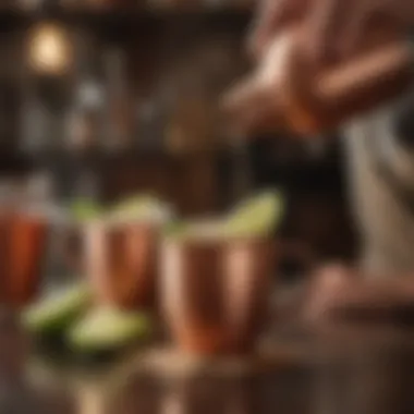 A sophisticated bar setting with a bartender pouring tequila into a copper mug